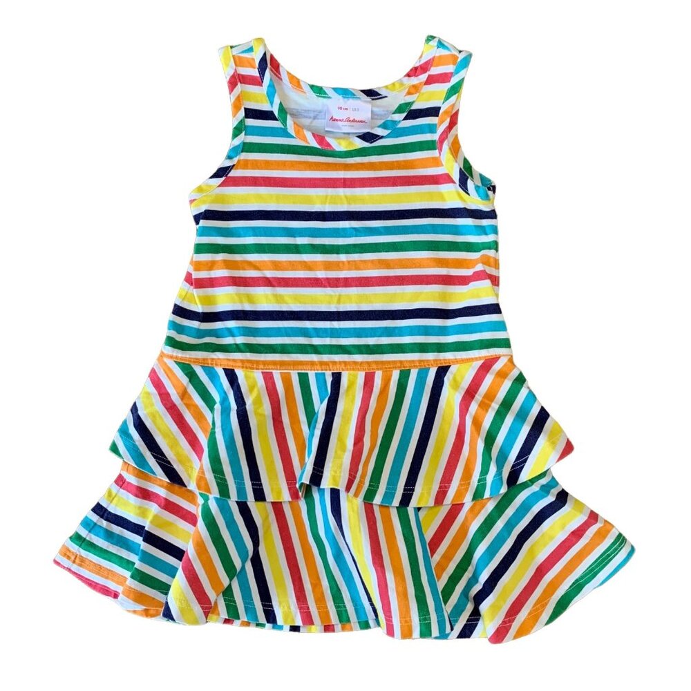 HANNA ANDERSSON Rainbow Striped Dress Girls 3 3T 90cm Tiered Skirt Multi Color